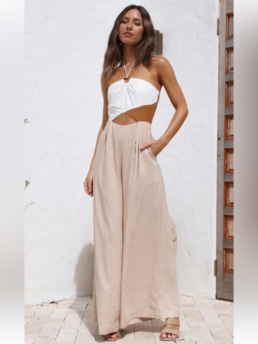 Strapless Colorblock Wide-Leg Jumpsuit in Beige